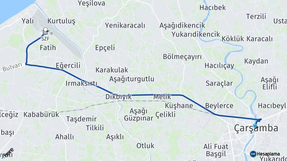 Samsun Çarşamba Çarşamba Havalimanı Arası Kaç Km - Yol Haritası