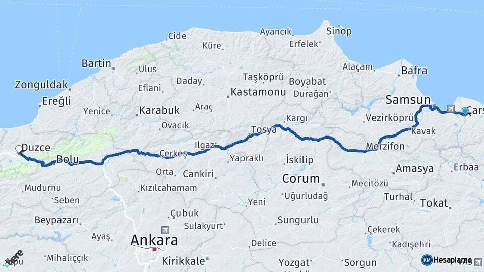 Samsun Çarşamba Düzce Arası Kaç Km - Yol Haritası