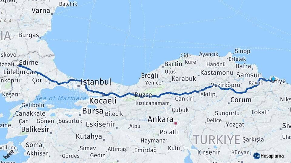 Samsun Çarşamba Edirne Arası Kaç Km - Yol Haritası