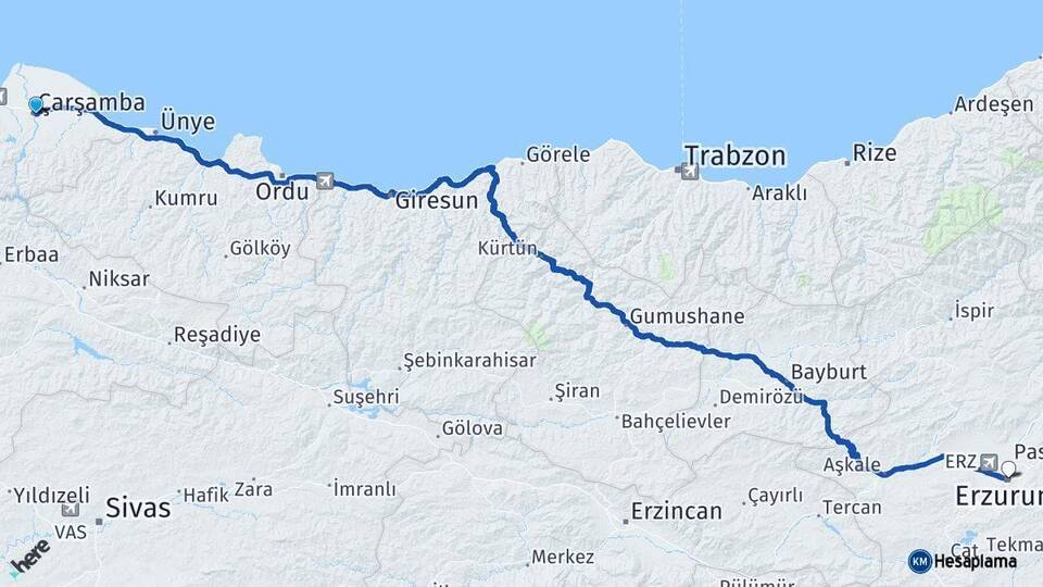 Samsun Çarşamba Erzurum Arası Kaç Km - Yol Haritası
