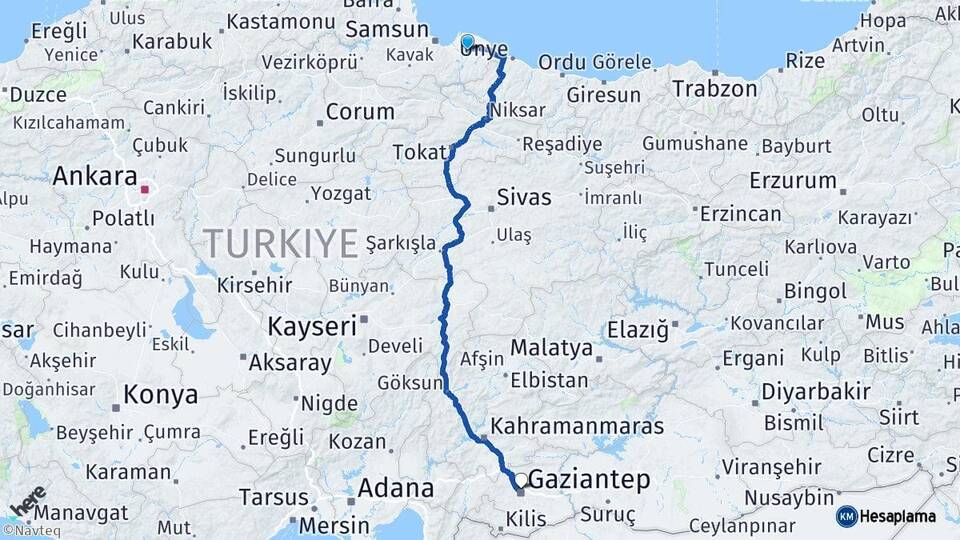 Samsun Çarşamba Gaziantep Arası Kaç Km - Yol Haritası