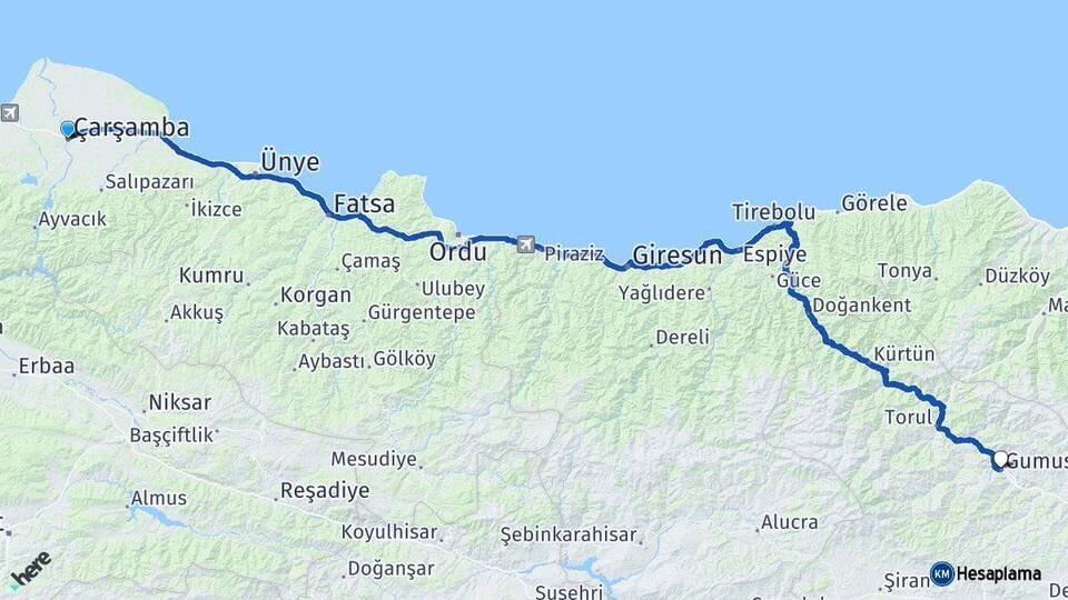 Samsun Çarşamba Gümüşhane Arası Kaç Km - Yol Haritası