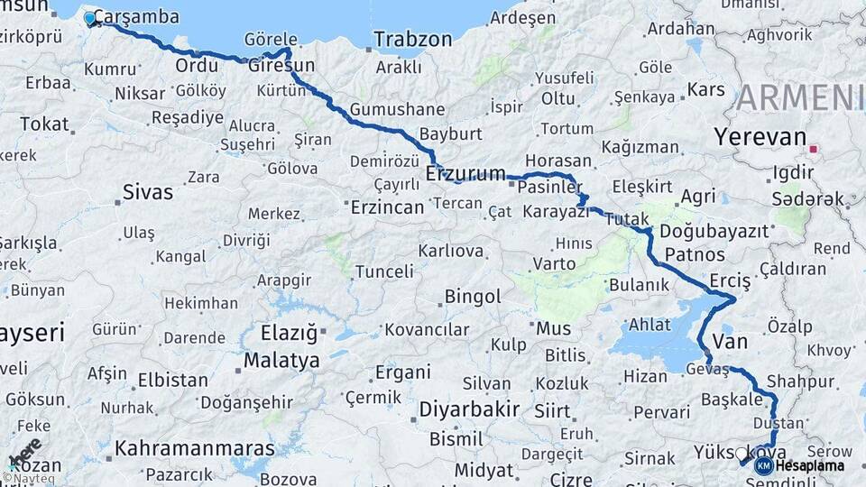Samsun Çarşamba Hakkari Arası Kaç Km - Yol Haritası