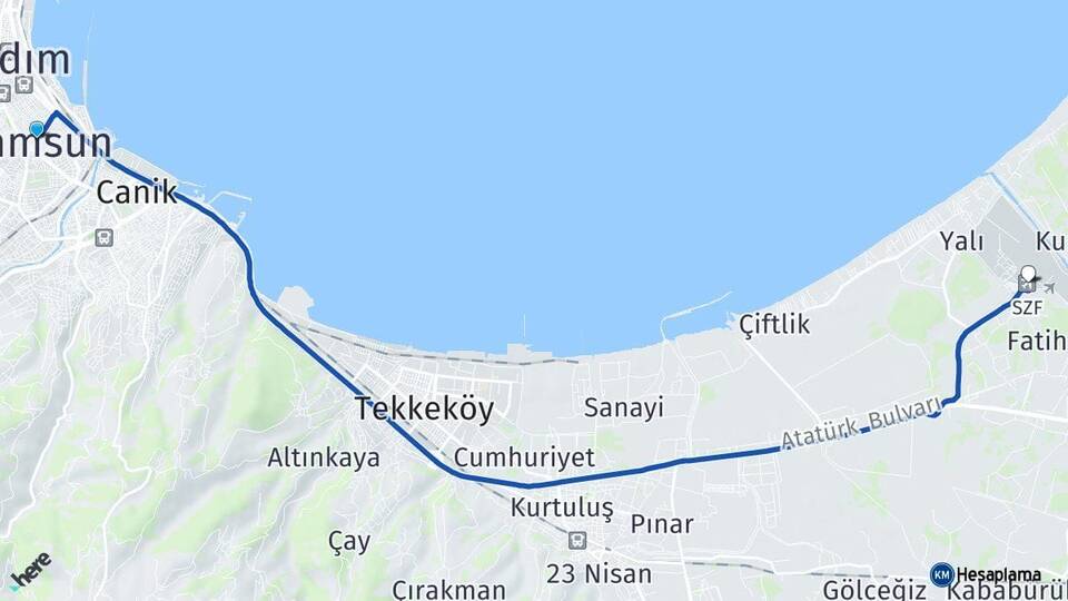 Samsun Çarşamba Havalimanı Arası Kaç Km - Yol Haritası