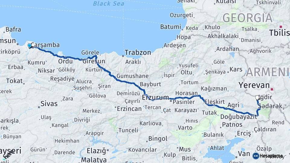 Samsun Çarşamba Iğdır Arası Kaç Km - Yol Haritası