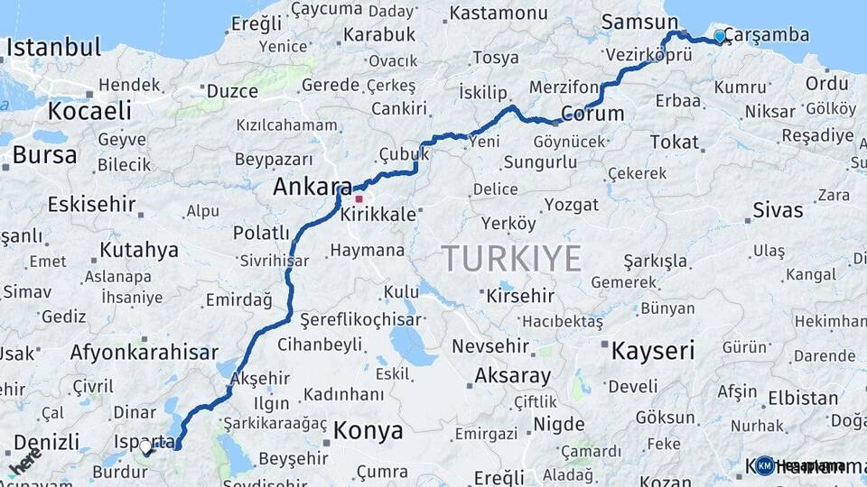 Samsun Çarşamba Isparta Arası Kaç Km - Yol Haritası