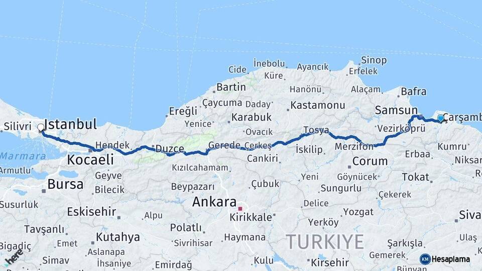 Samsun Çarşamba İstanbul Arası Kaç Km - Yol Haritası