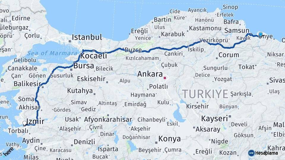 Samsun Çarşamba İzmir Arası Kaç Km - Yol Haritası