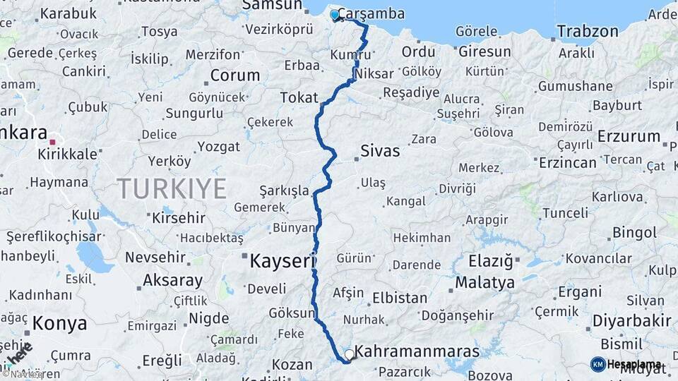 Samsun Çarşamba Kahramanmaraş Arası Kaç Km - Yol Haritası