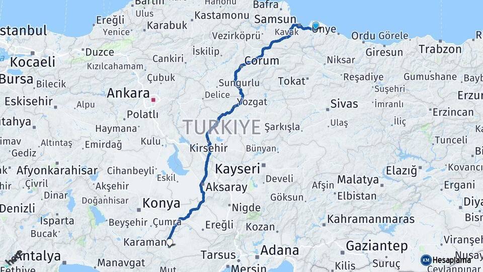 Samsun Çarşamba Karaman Arası Kaç Km - Yol Haritası