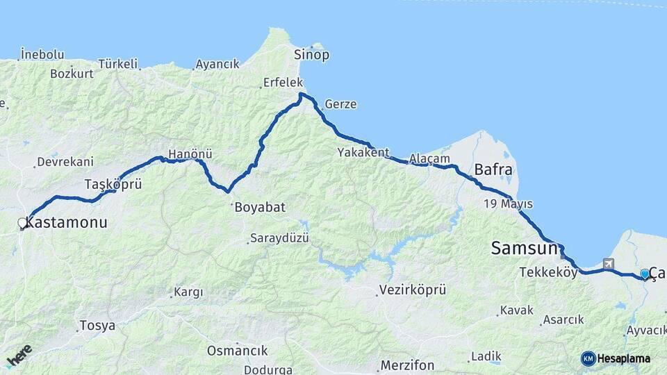 Samsun Çarşamba Kastamonu Arası Kaç Km - Yol Haritası
