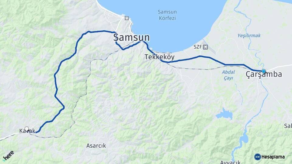 Samsun Çarşamba Kavak Arası Kaç Km - Yol Haritası
