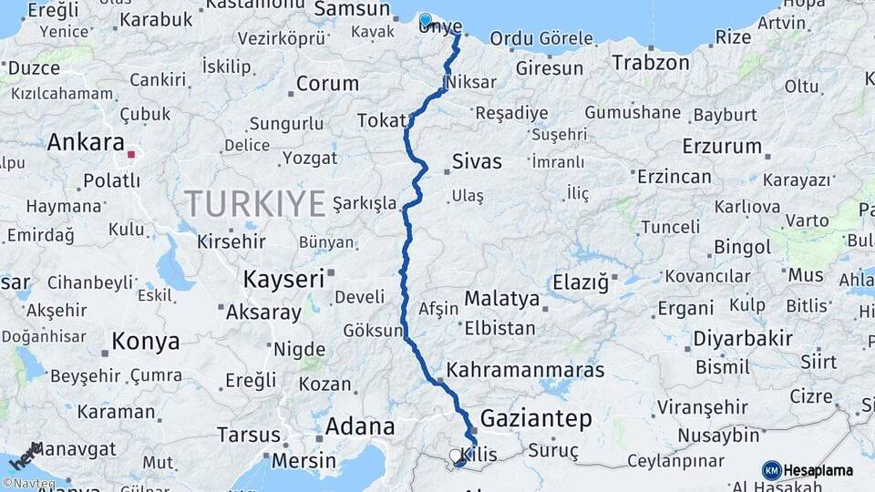 Samsun Çarşamba Kilis Arası Kaç Km - Yol Haritası