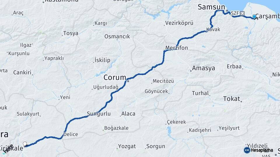 Samsun Çarşamba Kırıkkale Arası Kaç Km - Yol Haritası