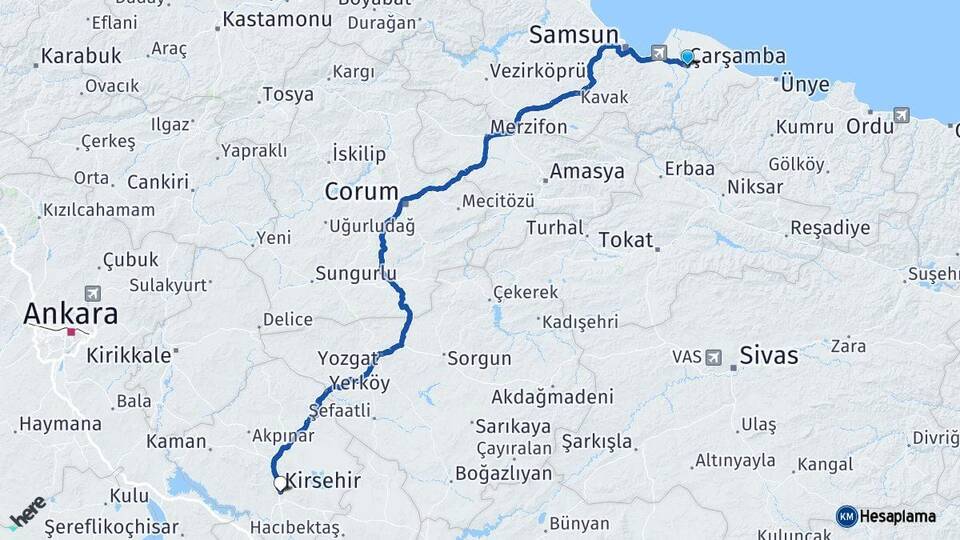 Samsun Çarşamba Kırşehir Arası Kaç Km - Yol Haritası
