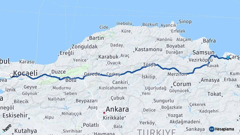 Samsun Çarşamba Kocaeli Arası Kaç Km - Yol Haritası