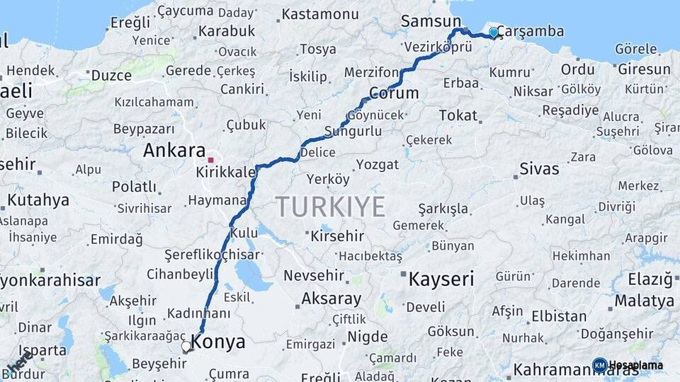 Samsun Çarşamba Konya Arası Kaç Km - Yol Haritası
