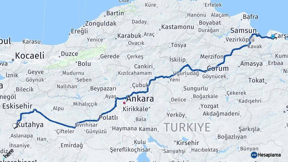 Samsun Çarşamba Kütahya Arası Kaç Km - Yol Haritası