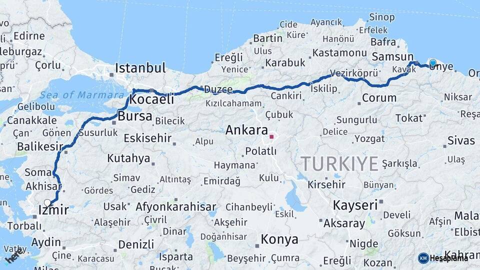 Samsun Çarşamba Manisa Arası Kaç Km - Yol Haritası