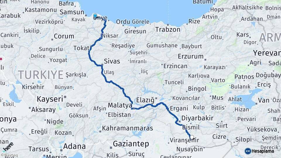 Samsun Çarşamba Mardin Arası Kaç Km - Yol Haritası