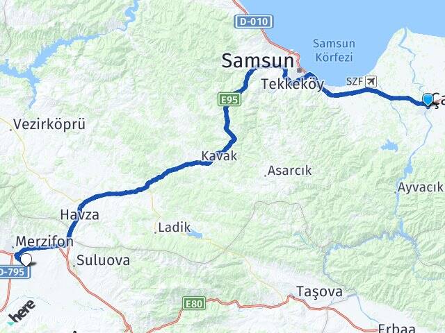 Samsun Çarşamba Merzifon Havalimanı Arası Kaç Km - Yol Haritası