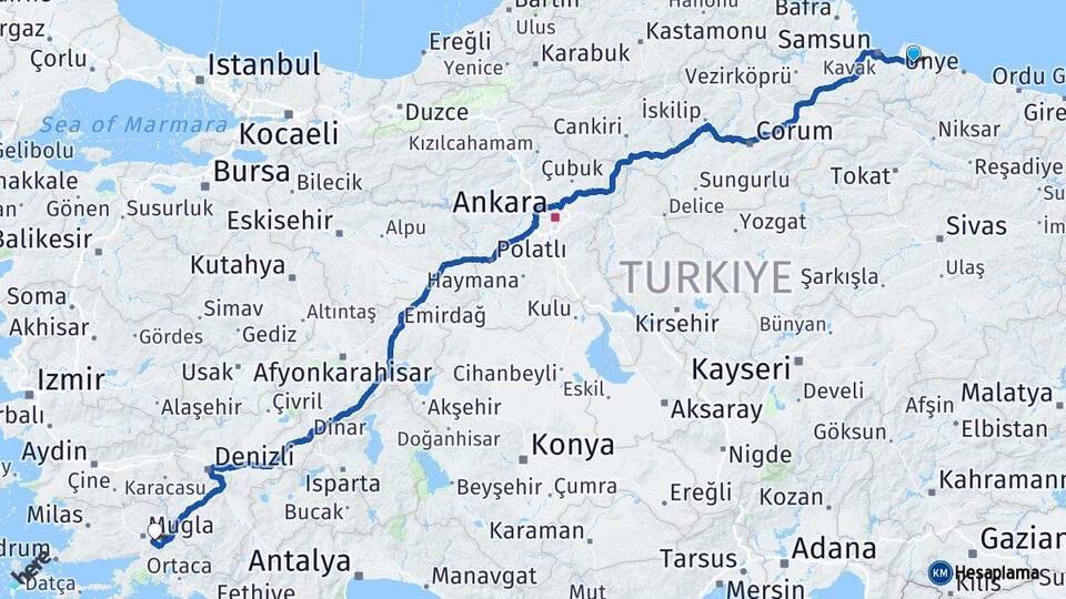 Samsun Çarşamba Muğla Arası Kaç Km - Yol Haritası