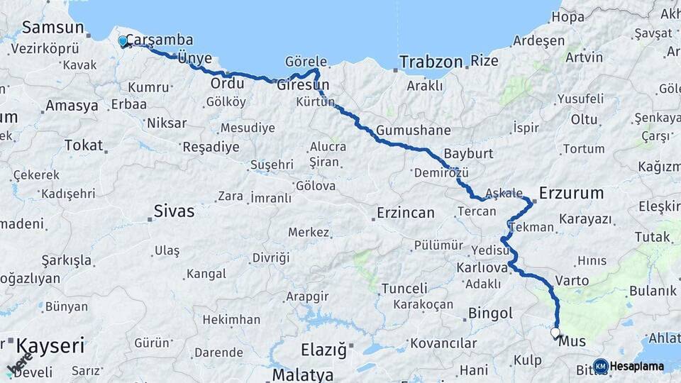 Samsun Çarşamba Muş Arası Kaç Km - Yol Haritası