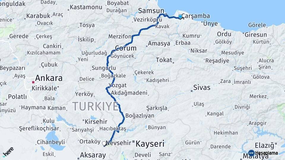 Samsun Çarşamba Nevşehir Arası Kaç Km - Yol Haritası