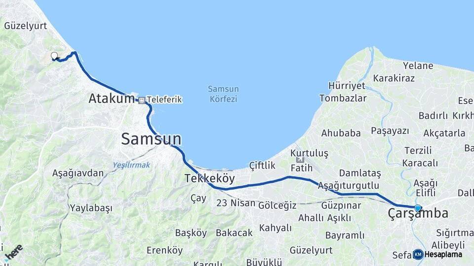 Samsun Çarşamba Ondokuz Mayıs Üniversitesi Arası Kaç Km - Yol Haritası