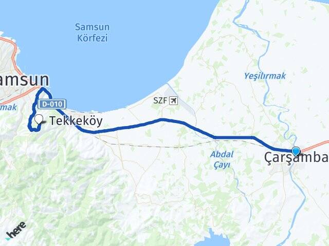 Samsun Çarşamba Samsun Üniversitesi Arası Kaç Km - Yol Haritası