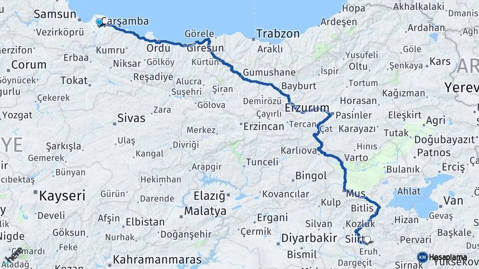 Samsun Çarşamba Siirt Arası Kaç Km - Yol Haritası