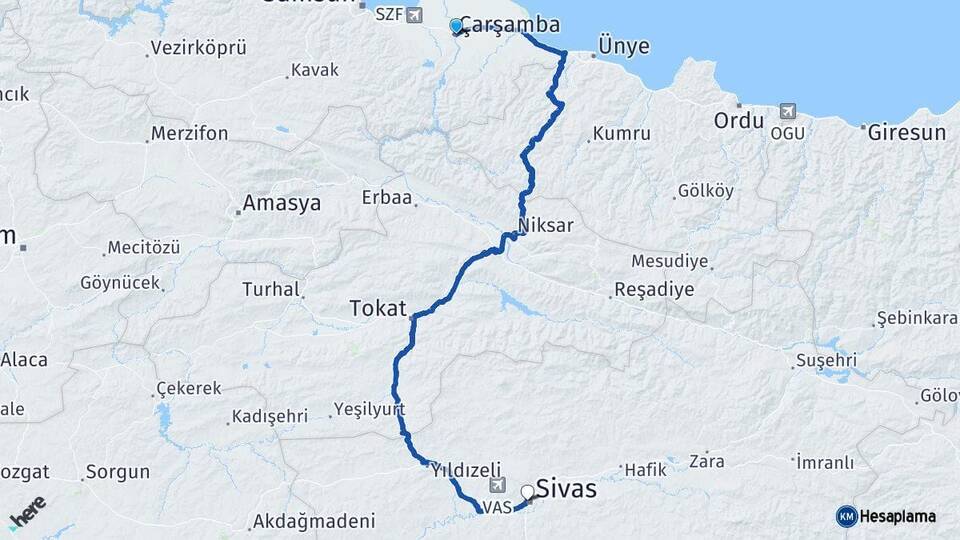 Samsun Çarşamba Sivas Arası Kaç Km - Yol Haritası