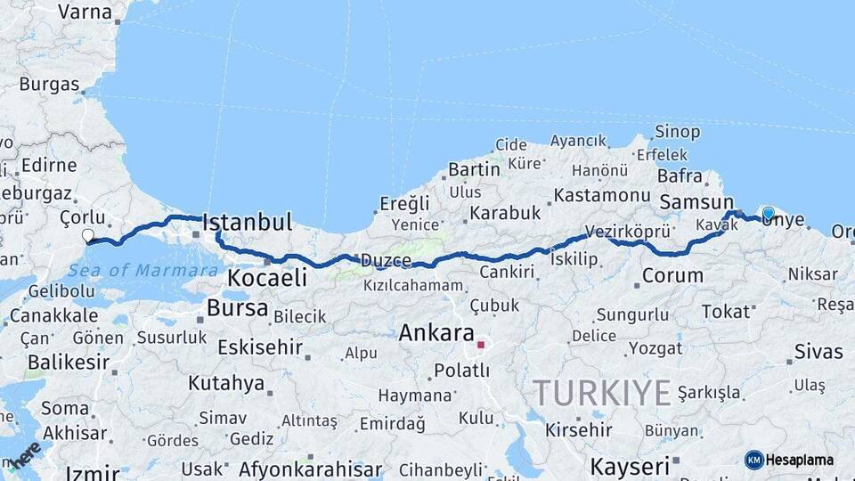 Samsun Çarşamba Tekirdağ Arası Kaç Km - Yol Haritası