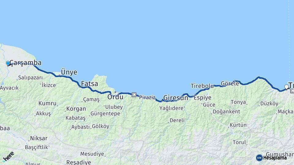 Samsun Çarşamba Trabzon Arası Kaç Km - Yol Haritası