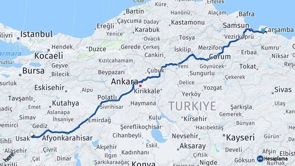 Samsun Çarşamba Uşak Arası Kaç Km - Yol Haritası