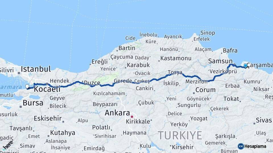 Samsun Çarşamba Yalova Arası Kaç Km - Yol Haritası