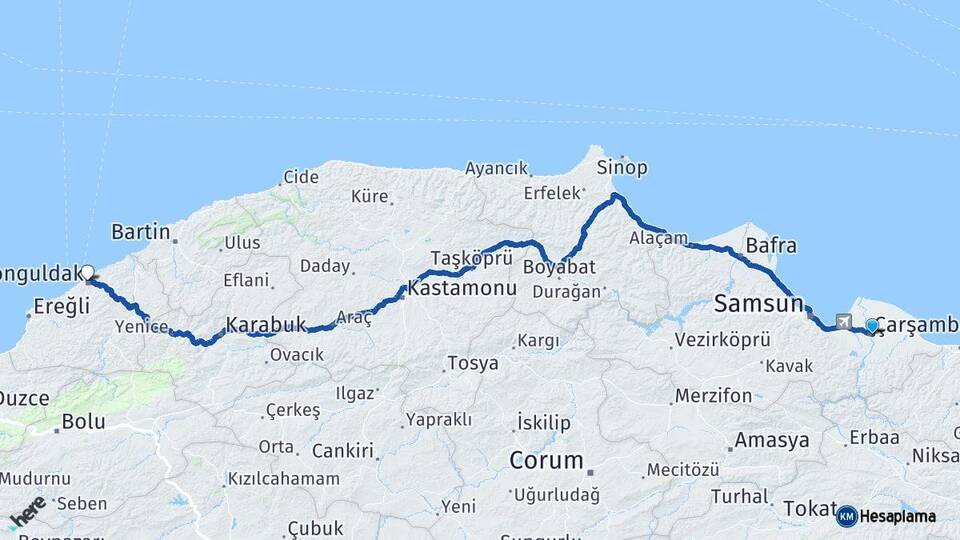 Samsun Çarşamba Zonguldak Arası Kaç Km - Yol Haritası