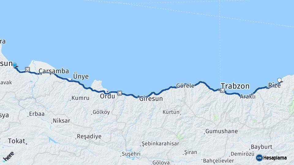 Samsun Çayeli Rize Arası Kaç Km - Yol Haritası