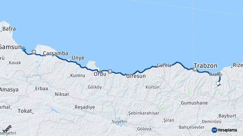 Samsun Çaykara Trabzon Arası Kaç Km - Yol Haritası
