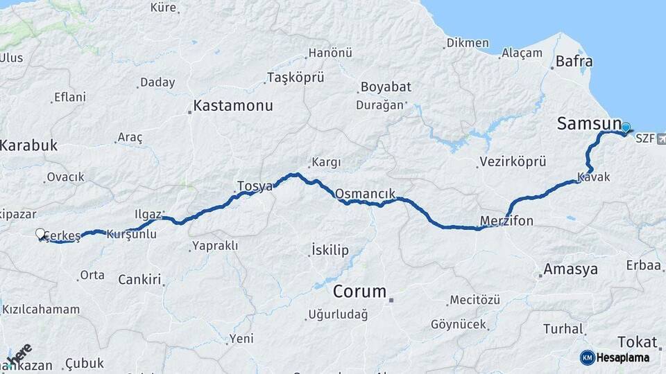 Samsun Çerkeş Çankırı Arası Kaç Km - Yol Haritası
