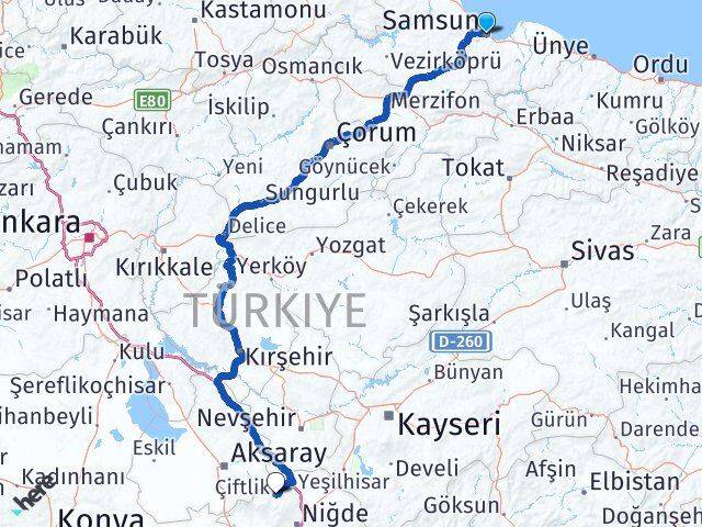 Samsun Çiftlik Niğde Arası Kaç Km - Yol Haritası