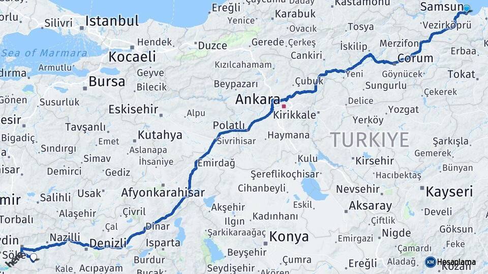 Samsun Çine Aydın Arası Kaç Km - Yol Haritası