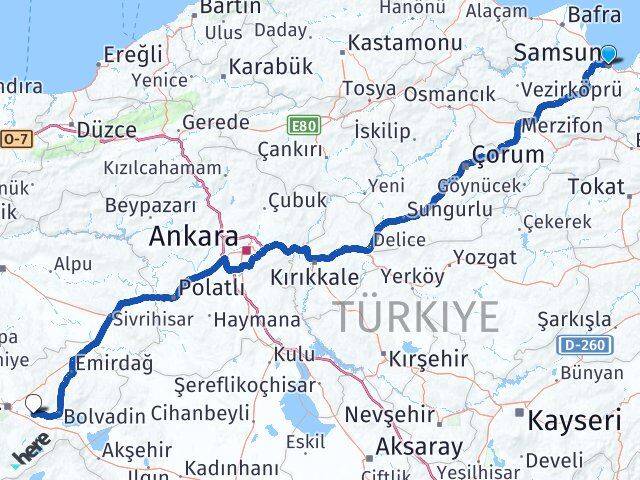 Samsun Çobanlar Afyonkarahisar Arası Kaç Km - Yol Haritası