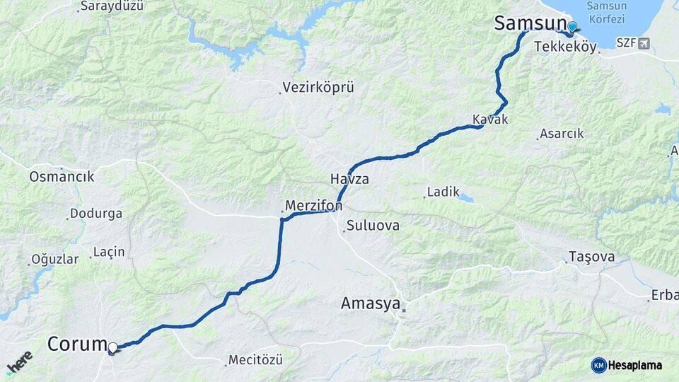 Samsun Çorum Arası Kaç Km - Yol Haritası