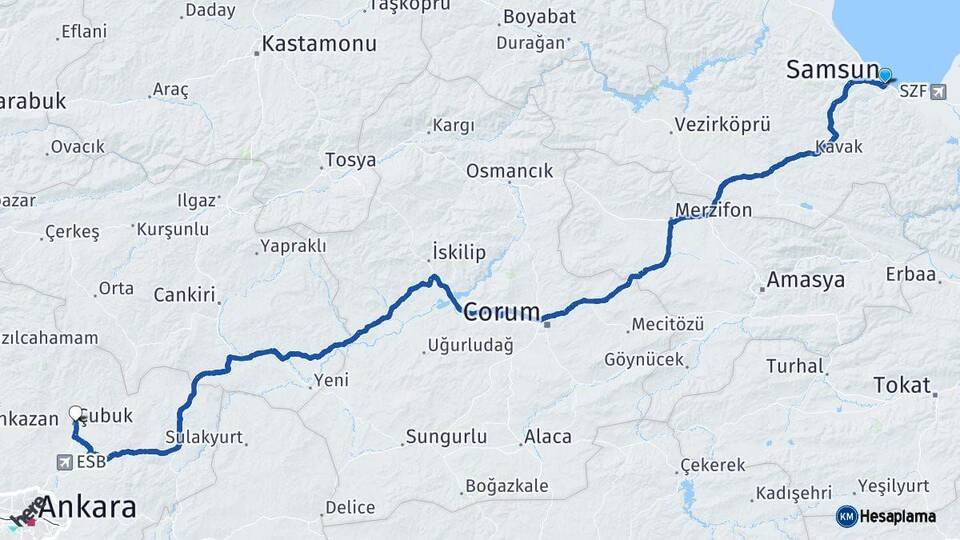 Samsun Çubuk Ankara Arası Kaç Km - Yol Haritası