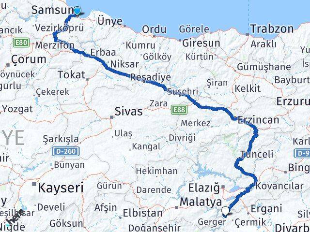 Samsun Çüngüş Diyarbakır Arası Kaç Km - Yol Haritası