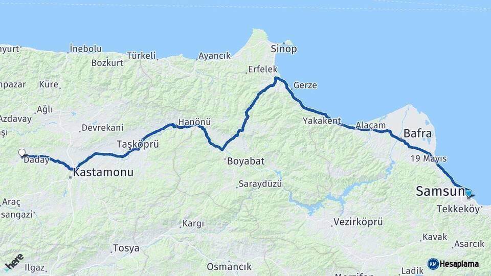 Samsun Daday Kastamonu Arası Kaç Km - Yol Haritası