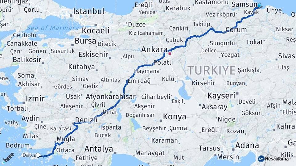 Samsun Datça Muğla Arası Kaç Km - Yol Haritası