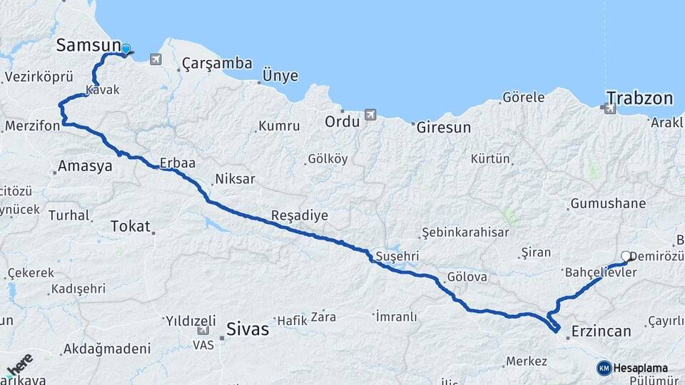 Samsun Demirözü Bayburt Arası Kaç Km - Yol Haritası
