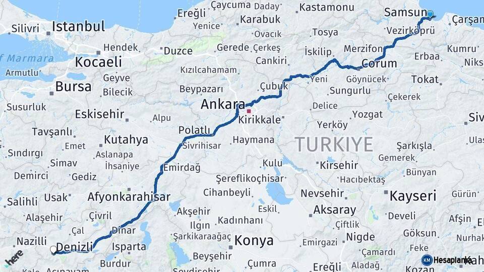 Samsun Denizli Arası Kaç Km - Yol Haritası